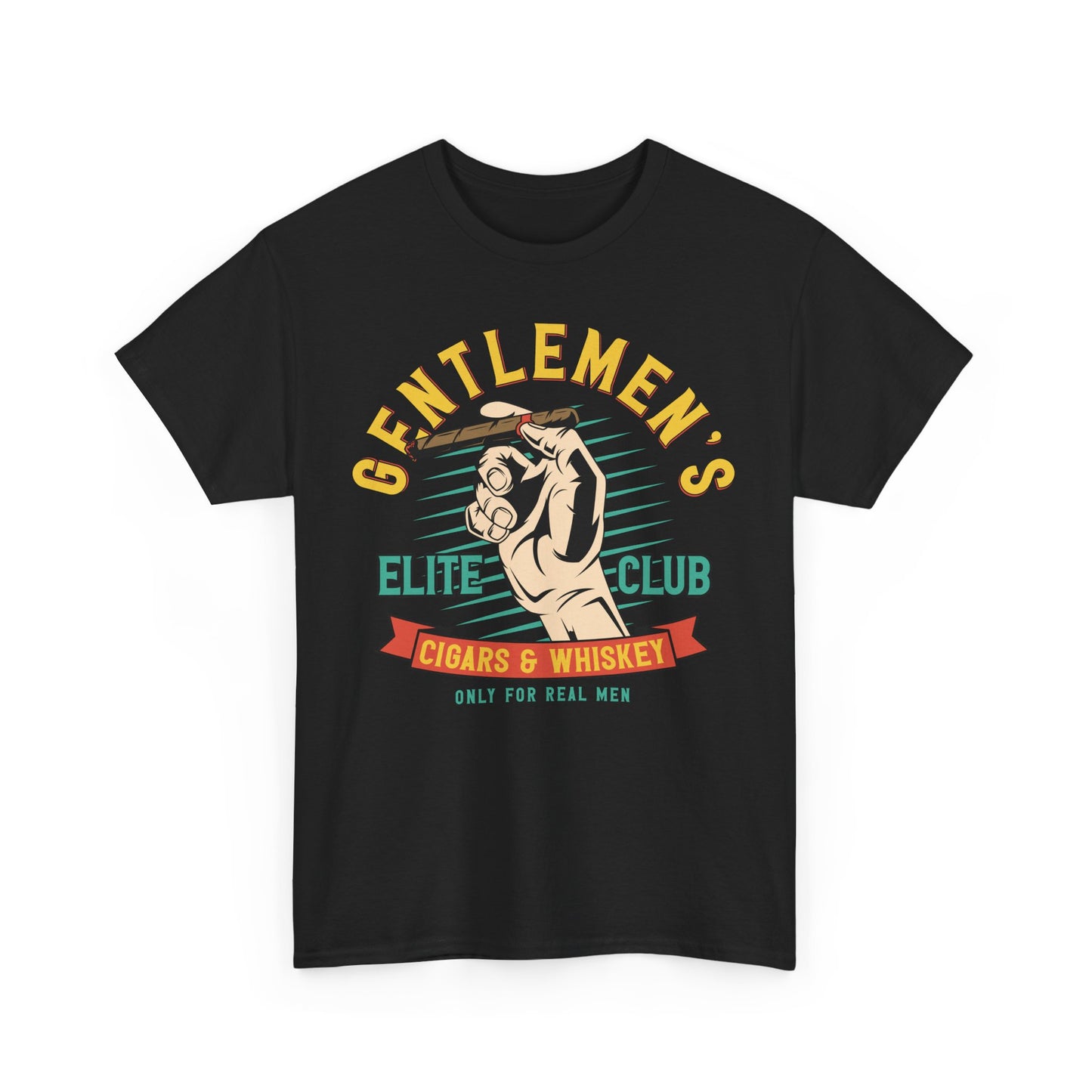 Men's black vintage graphic t-shirt with an eye-catching design of a hand holding a cigar, elegantly displaying the text 'GENTLEMEN'S ELITE CLUB' and 'Cigars & Whiskey', perfect for stylish gentlemen.