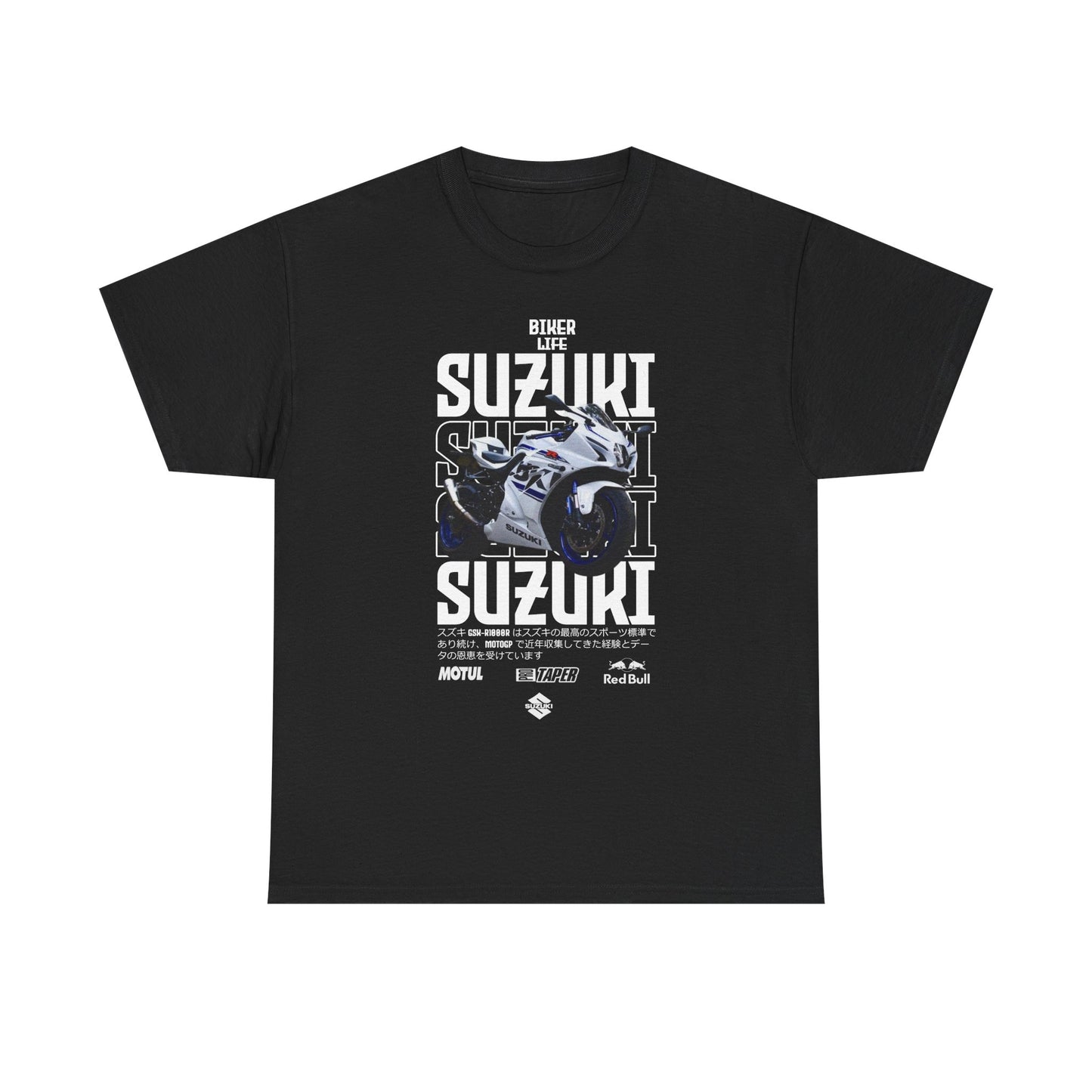 Sophisticated black men's t-shirt adorned with an exclusive Suzuki GSX-R graphic, showcasing bold lettering and motorcycle imagery, ideal for fans of biker culture.