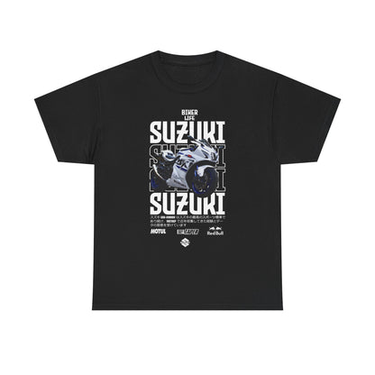 Sophisticated black men's t-shirt adorned with an exclusive Suzuki GSX-R graphic, showcasing bold lettering and motorcycle imagery, ideal for fans of biker culture.