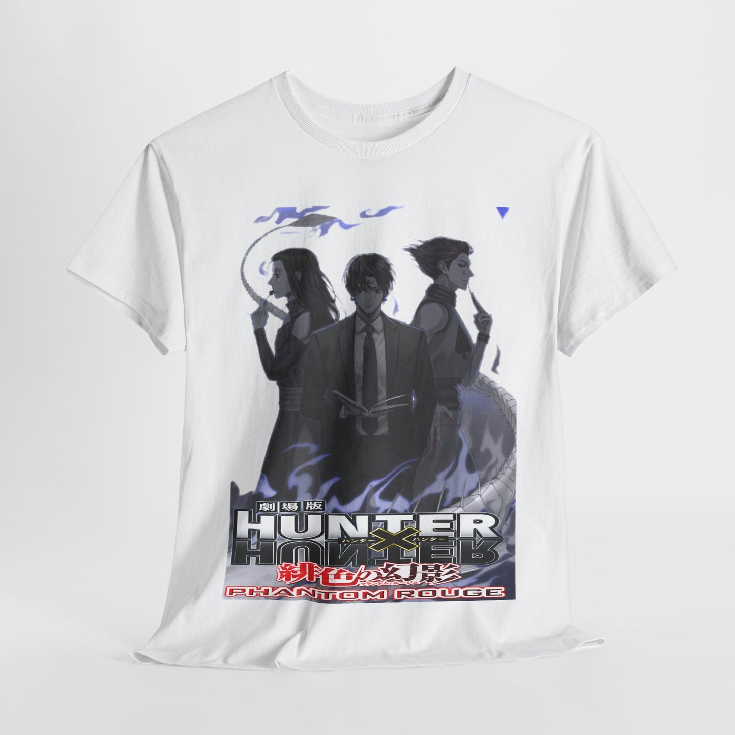 Sophisticated Hunter x Hunter Phantom Rouge T-shirt displayed in an artistic setting, highlighting the intricate character illustrations with an enchanting smoky effect.