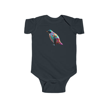 Cute Penguin Bodysuit in dark blue, designed with a chic geometric penguin illustration, perfect for trendy infants.