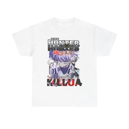 Luxurious white t-shirt featuring a bold 'Hunter x Hunter' graphic with Killua prominently displayed, ideal for anime enthusiasts.