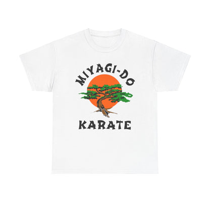 Luxury unisex Miyagi-Do Karate graphic t-shirt featuring a stylized bonsai tree design against a radiant orange sun backdrop, perfect for martial arts enthusiasts.