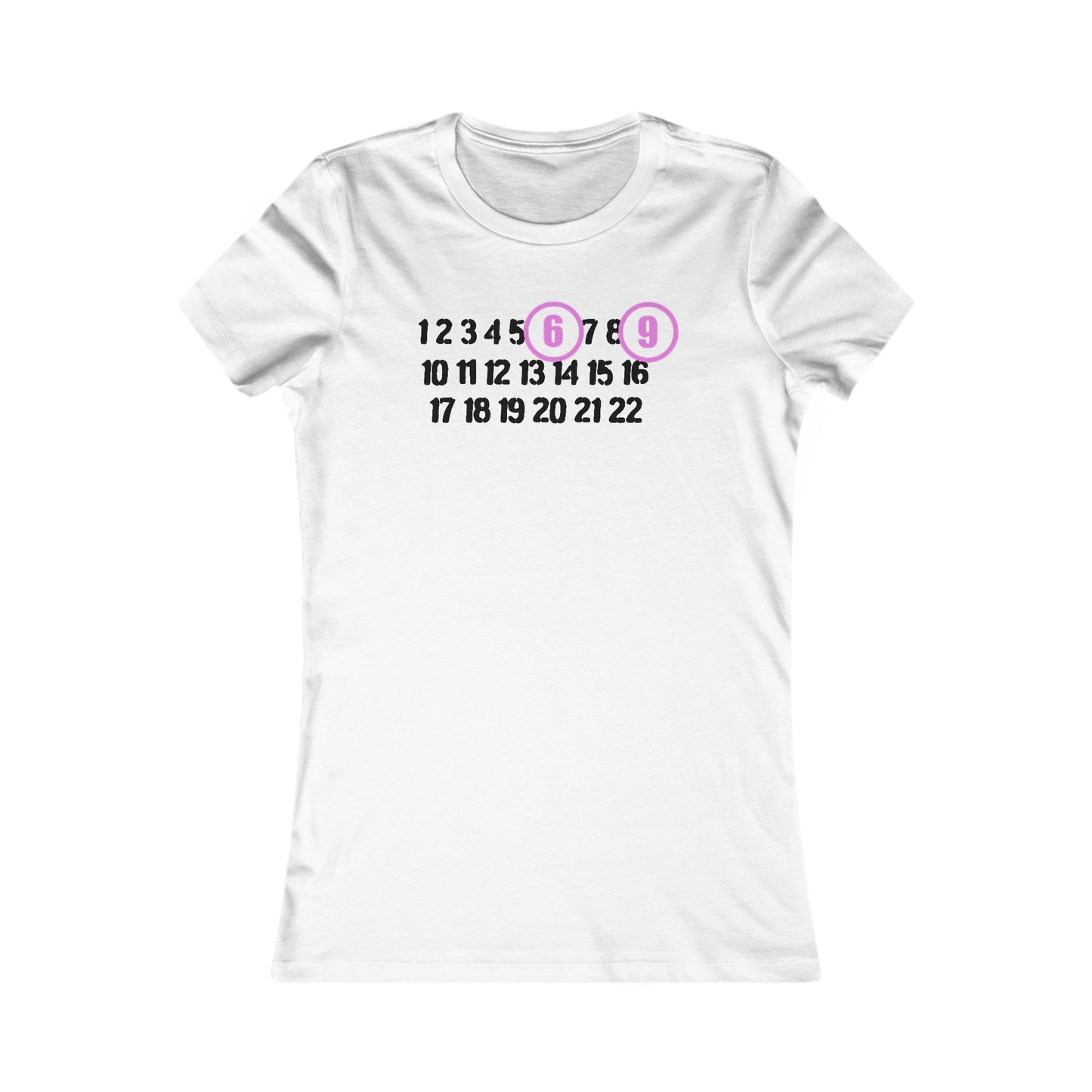 Elegant women's fitted cotton T-shirt featuring a playful design with numbers '1 to 22' and the highlighted '6' and '9' in whimsical purple circles, perfect for a cheeky fashion statement.