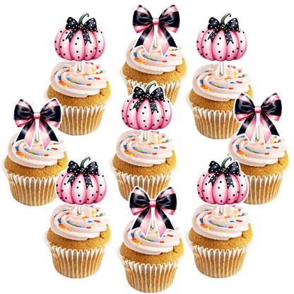 Halloween Pumpkin Bow Inserts - Exquisite set of pink pumpkin and bow cake toppers by Dazzling Dreams Studio, designed to elevate festive cupcake presentations.