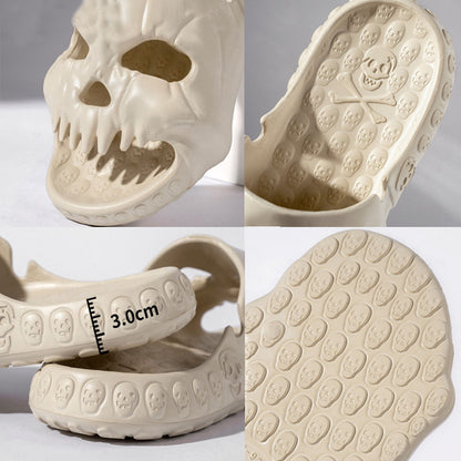 Close-up of Personalized Skull Design Halloween Slippers displaying detailed skull accents and high-quality material, ideal for bold fashion statements.