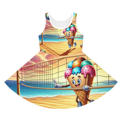 Liana Dioretti Ice-Cream Beach Volleyball Themed Girls Sundress by Dazzling Dreams Studio featuring vibrant summer colours and playful ice-cream print.