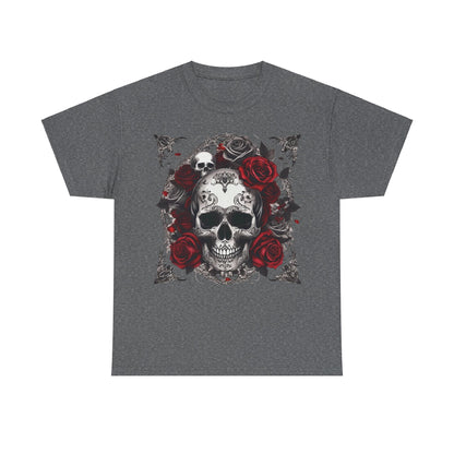 Skulls and Roses Cotton Tee in charcoal grey, featuring an exquisite steampunk skull design intertwined with vibrant roses, perfect for alternative fashion enthusiasts.