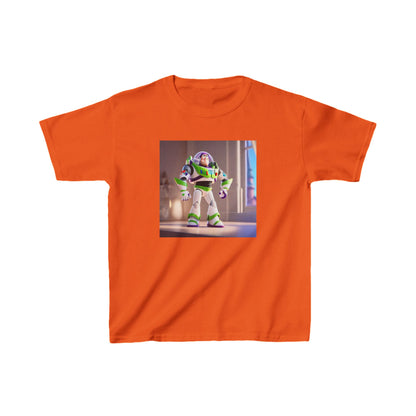 Kids Buzz Lightyear Heavy Cotton T-Shirt in vibrant orange featuring the iconic Buzz Lightyear character, perfect for inspiring imaginative adventures in young space rangers.