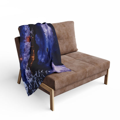 Decorative and Warm Christmas Arctic Fleece Blanket elegantly draped over a stylish chair, featuring a captivating winter-themed design perfect for festive decor.