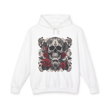Unisex Lightweight Hooded Sweatshirt featuring a unique designer skull and roses graphic, ideal for stylish casual wear.