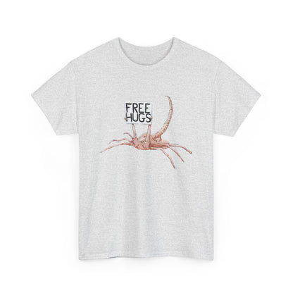 Front view of a premium grey unisex t-shirt displaying an 'Alien Xenomorph Facehugger' design with the phrase 'Free Hugs', ideal for sci-fi fans.