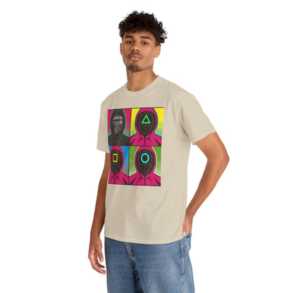 Model wearing Squid Game Pop Art Unisex T-Shirt with a vibrant graphic design, featuring iconic masked guards in rich, bold colours.