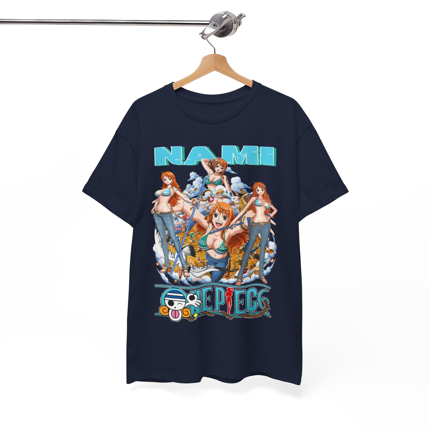 Nami Anime T-Shirt hung on a stylish hanger, featuring exclusive artwork and premium fabric, designed for comfort and unparalleled style in casual wear.