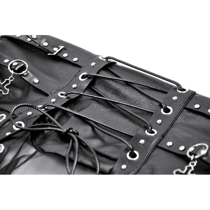 Close-up of the striking PU leather corset belt on the gothic sheer mesh maxi skirt, featuring intricate O-ring and eyelet accents.