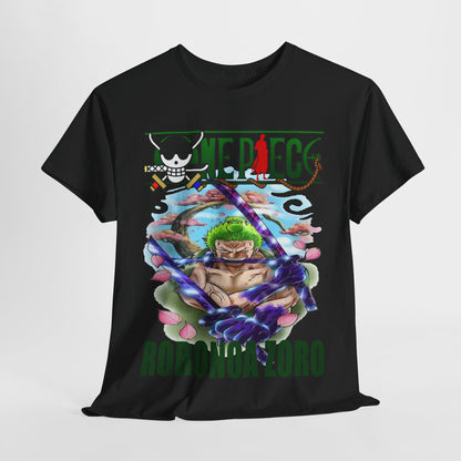 Luxurious black Roronoa Zoro graphic t-shirt featuring a captivating illustration of the character surrounded by pink flowers, perfect for anime enthusiasts.