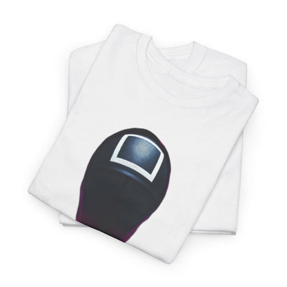 Premium folded t-shirt in white, displaying the Squid Game signature design, featuring the acclaimed character mask, ideal for trendy fashion enthusiasts.