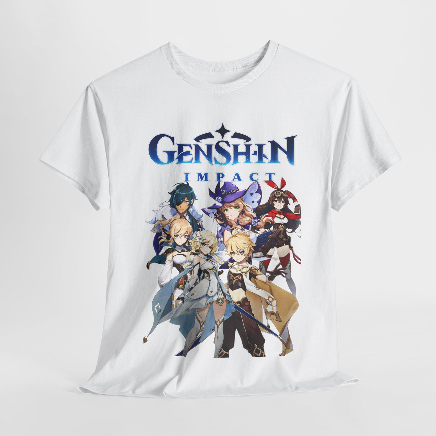 Graciously posed Genshin Impact t-shirt showcasing stunning character graphics, designed for comfort and style, perfect for any casual or gaming event.