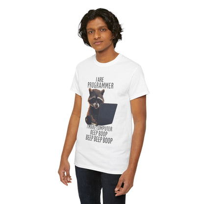 Refined white tee adorned with the 'I Are Programmer' raccoon design, a stylish choice for those passionate about coding and technology.