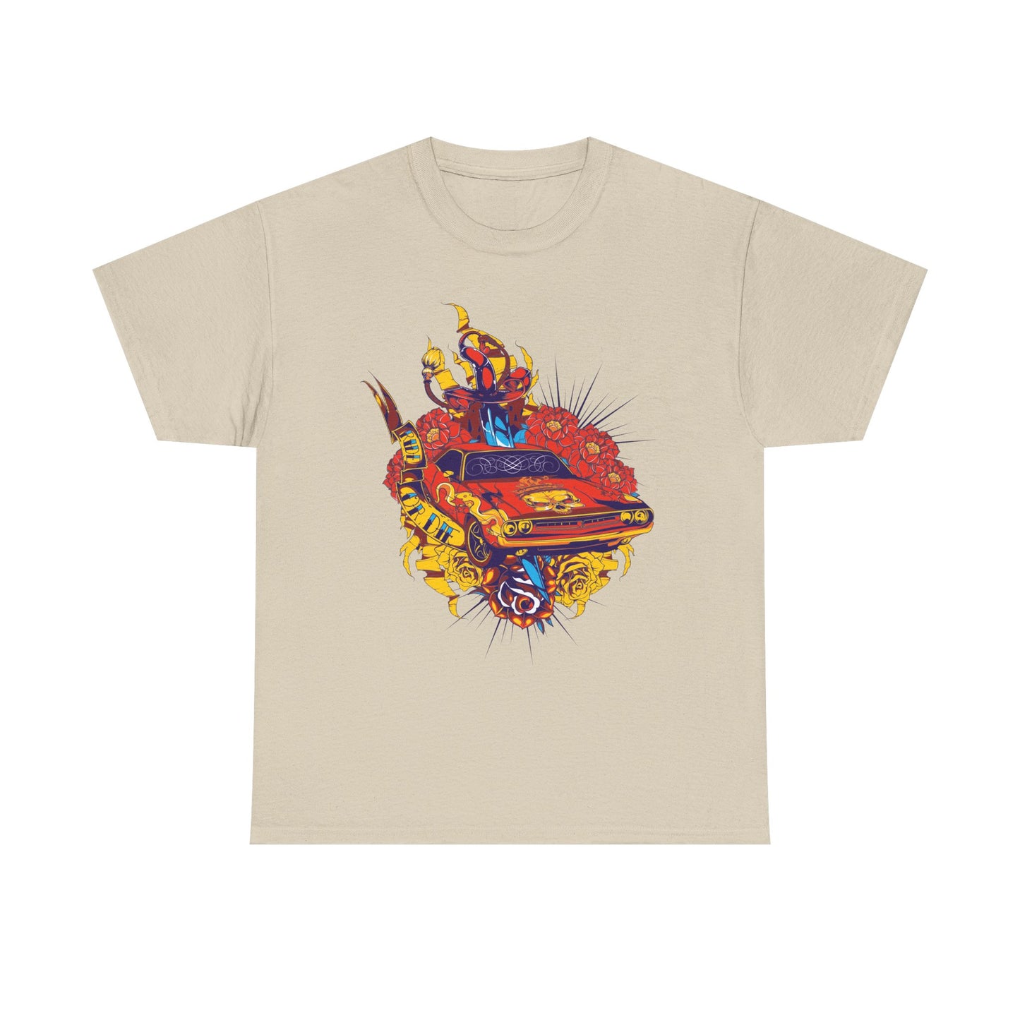 Refined beige t-shirt showcasing a striking design of a muscle car, embellished with colourful tattoo motifs and floral details, ideal for fashion-forward individuals.
