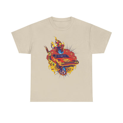 Refined beige t-shirt showcasing a striking design of a muscle car, embellished with colourful tattoo motifs and floral details, ideal for fashion-forward individuals.