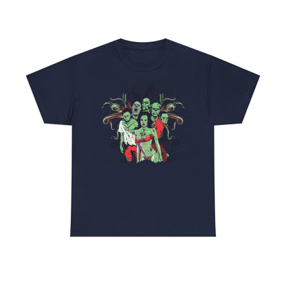 Refined navy men's T-shirt showcasing a dynamic zombie design. This eye-catching artwork blends artistry with style, making it an ideal choice for lovers of the macabre.