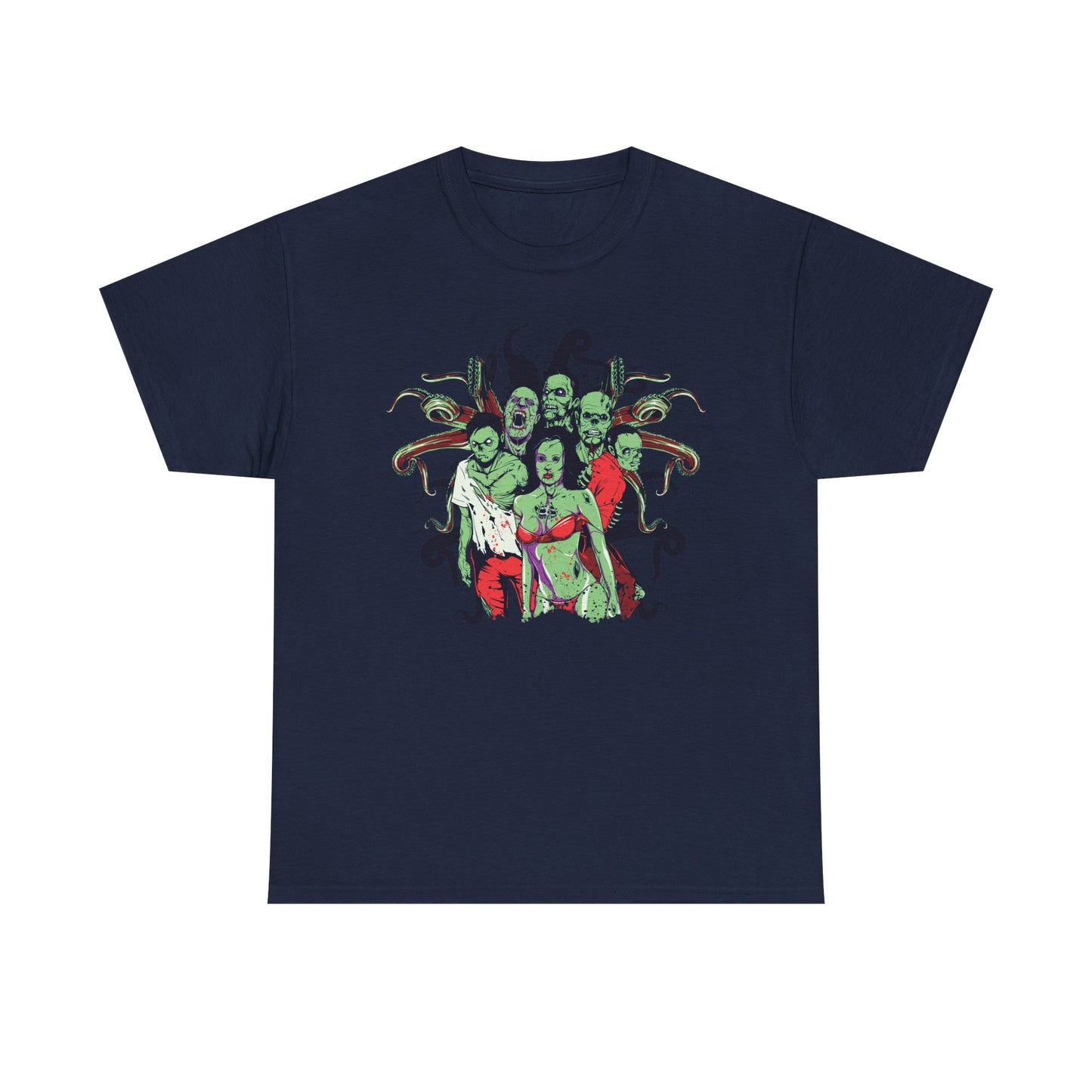 Refined navy men's t-shirt displaying a captivating cartoonish zombie illustration, seamlessly merging style with a playful horror aesthetic.