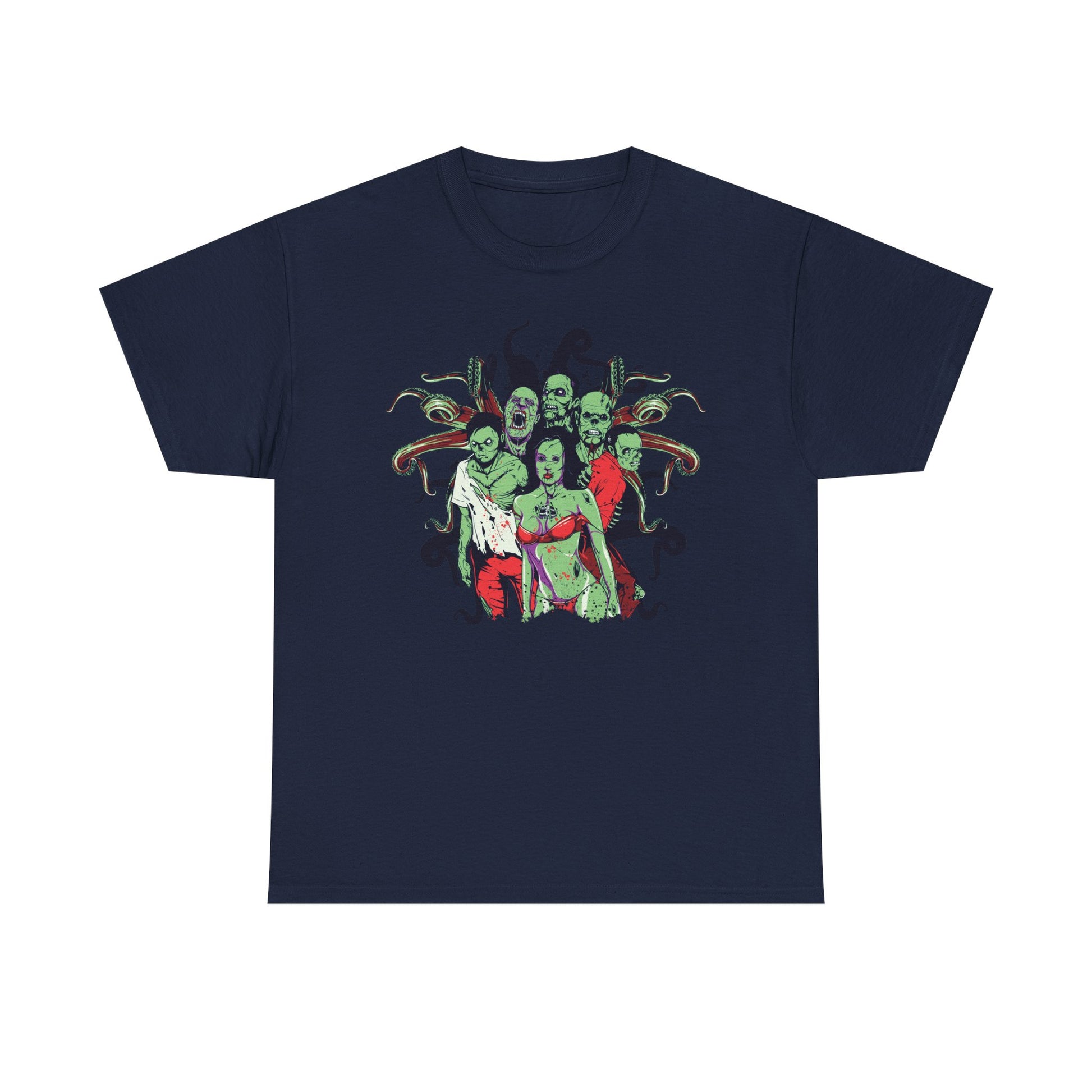 Refined navy men's t-shirt displaying a captivating cartoonish zombie illustration, seamlessly merging style with a playful horror aesthetic.