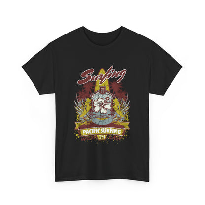 Stylish black graphic t-shirt featuring a vibrant surf design with palm trees, hibiscus, and bold typography, embodying vintage surf culture.