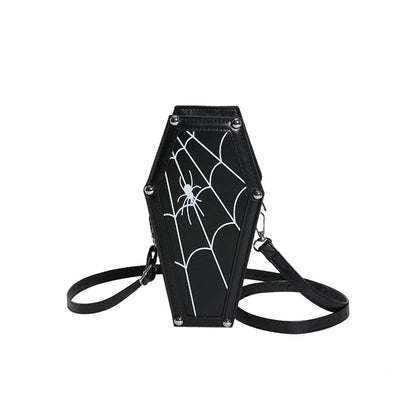 Chic black Halloween Coffin-shape Shoulder Bag embellished with a sophisticated spider web design, perfect for a gothic-themed ensemble.