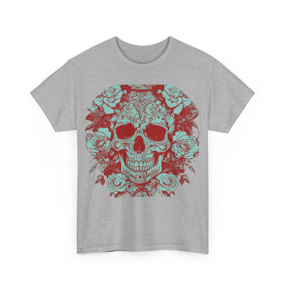 Stylish grey Skulls and Roses Cotton Tee, unisex graphic shirt featuring a captivating skull and roses design, showcasing effortless alternative fashion.
