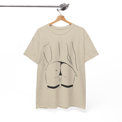 Unisex graphic T-shirt elegantly displayed on a wooden hanger, featuring a sophisticated black and white line art of a woman's back, enhancing its artistic appeal.