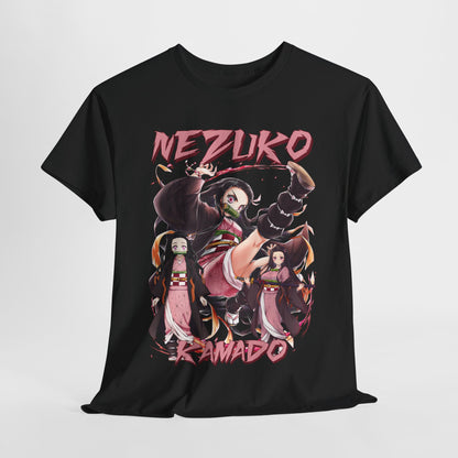 Luxurious Nezuko Kamado T-shirt in black, featuring a striking anime design of Nezuko with vibrant pink accents and dynamic poses, perfect for true Demon Slayer fans.