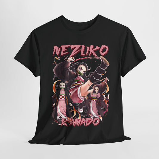 Luxurious Nezuko Kamado T-shirt in black, featuring a striking anime design of Nezuko with vibrant pink accents and dynamic poses, perfect for true Demon Slayer fans.