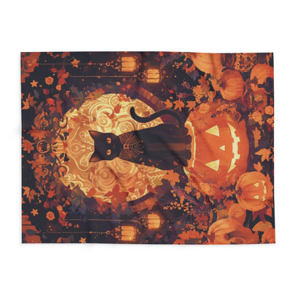 Elegant Decorative and Warm Halloween Spooky Arctic Fleece Blanket displayed flat, showcasing intricate designs with a black cat and autumn leaves, perfect for enhancing seasonal decor.