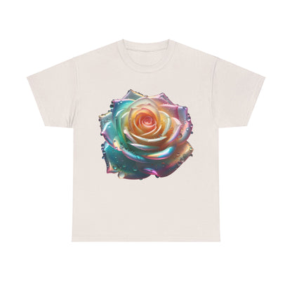 Ethereal Rose Unisex Cotton Tee presenting an exquisite artistic floral design of a colourful rose with dreamy iridescent details, ideal for sophisticated and casual ensembles.