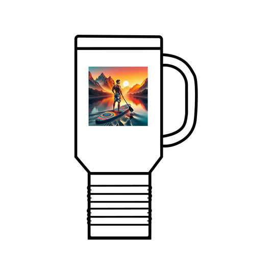 Fantasy Paddleboarding Insulated Travel Mug featuring an artistic depiction of a paddleboarder on a scenic lake at sunset, designed for adventure lovers with luxurious 40oz stainless steel construction.