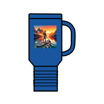 Luxury Fantasy Paddleboarding Insulated Travel Mug in blue, showcasing stunning artwork of paddleboarding at sunset.