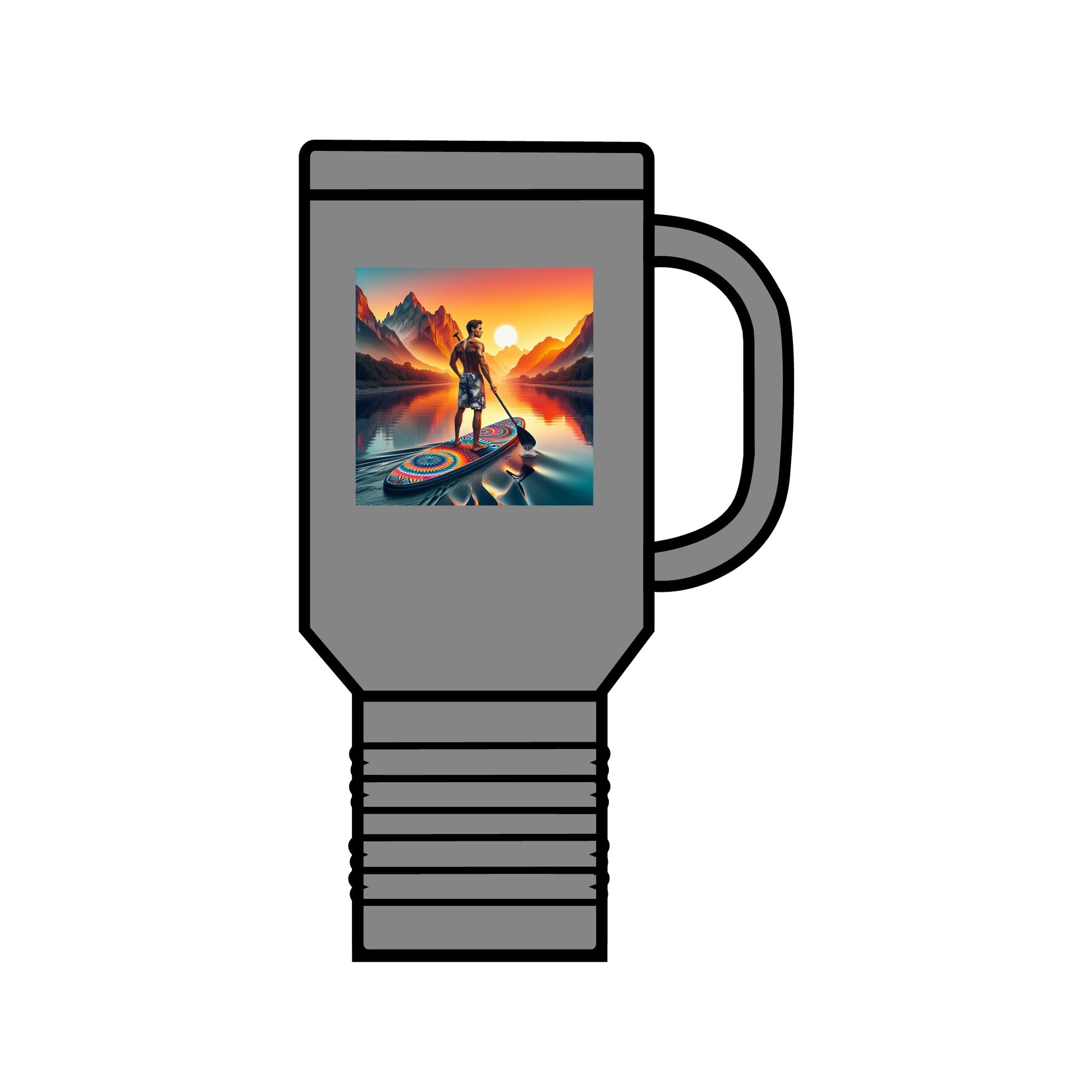 Fantasy Paddleboarding Insulated Travel Mug shown in grey with a stunning sunset scene of a paddler on a lake, perfect for adventurous souls who appreciate luxury on the go.