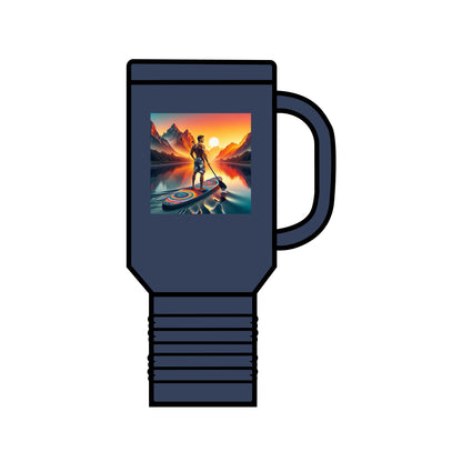 Fantasy Paddleboarding Insulated Travel Mug depicted in navy, featuring an artistic sunrise view of paddleboarding, designed for the discerning outdoor enthusiast.