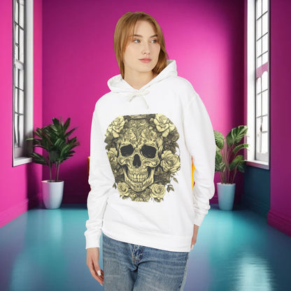 Skull and Roses Lightweight Hoodie in white, elegantly displaying a detailed skull and roses graphic. This unisex designer sweatshirt represents a unique blend of comfort and edgy style.