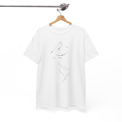 Sophisticated white t-shirt showcasing a striking animal profile graphic, artfully displayed on a wooden hanger, ideal for contemporary wardrobes.