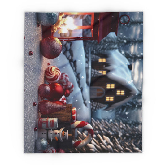 Decorative and Warm Christmas Arctic Fleece Blanket featuring a beautifully designed winter landscape with snow, a red lantern, candy canes, and colourful baubles for an enchanting holiday touch.