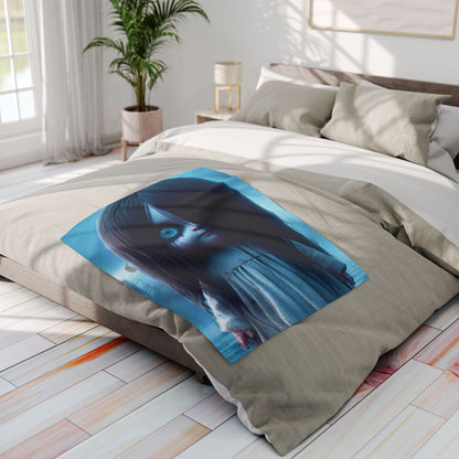 Luxury bedroom setting with the Decorative and Warm Halloween Samara The Ring Spooky Arctic Fleece Blanket beautifully placed, enhancing the seasonal elegance of the space.