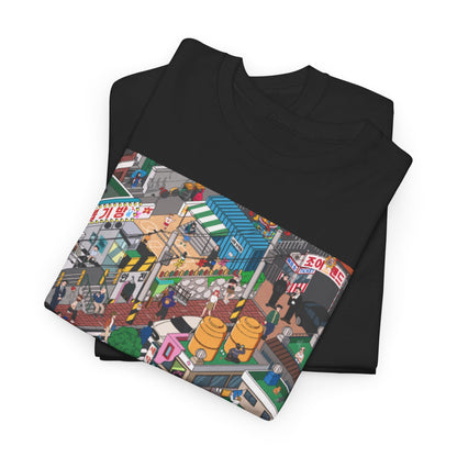 Premium folded black graphic t-shirts displaying a vibrant cityscape design, capturing the essence of 'Squid Game', ideal for trendsetters seeking standout apparel.