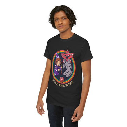 Luxurious unisex graphic tee featuring a whimsical wizard girl and a stylized creature, emblazoned with 'WILL THE WISE' text, perfect for fans of adventure and fantasy.