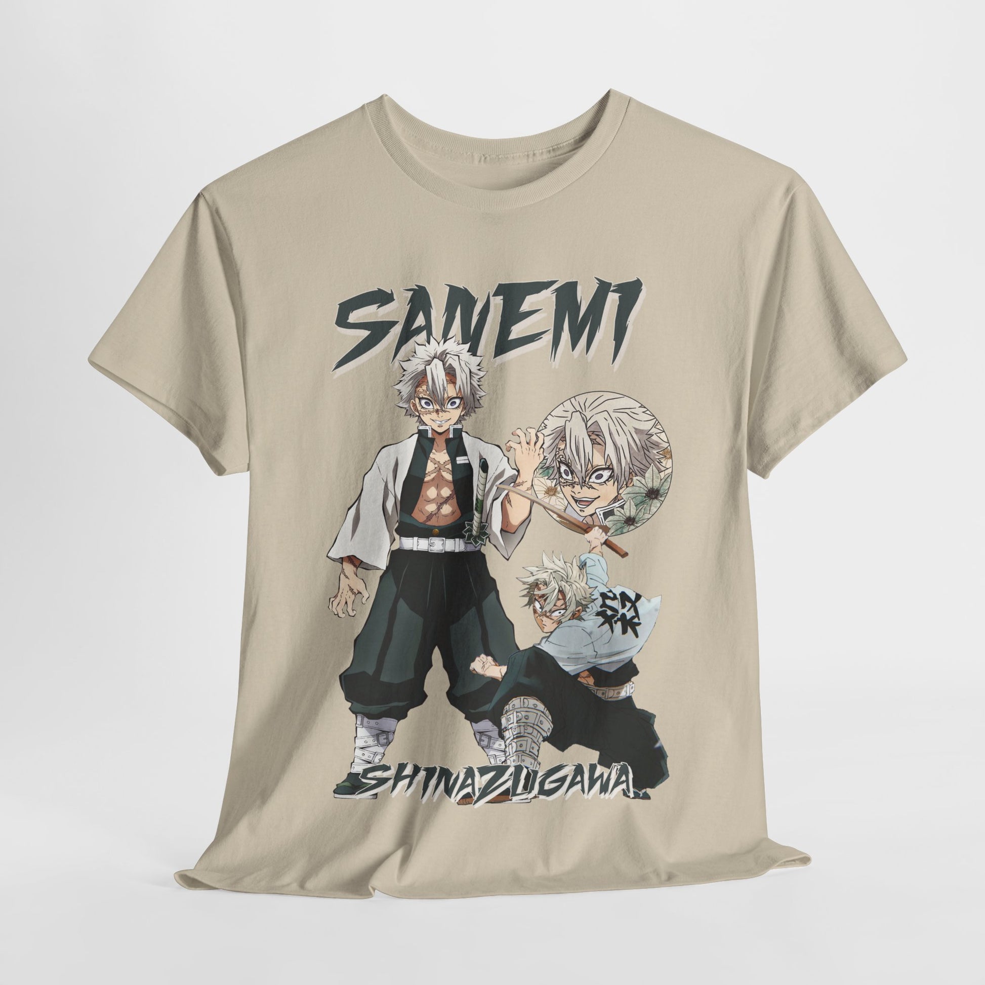 Graceful close-up of a beautifully designed Sanemi Shinazugawa t-shirt, showcasing character artwork that captures the essence of anime culture.