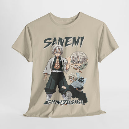 Graceful close-up of a beautifully designed Sanemi Shinazugawa t-shirt, showcasing character artwork that captures the essence of anime culture.