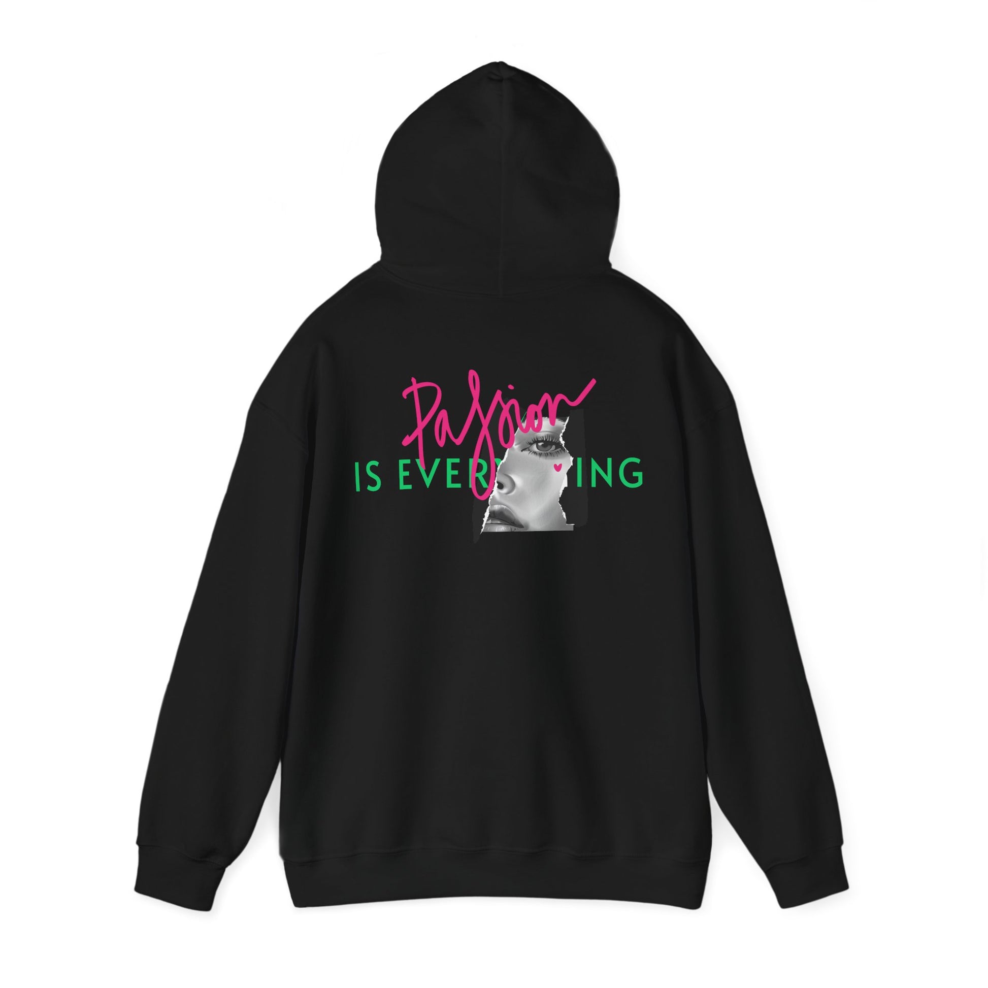 Back view of a sophisticated black Passion Is Everything hoodie, featuring eye-catching vibrant typography and an elegant portrait.