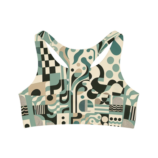 Back view of the Vivienne Starlight Chic Sports Bra in pastel green, showcasing a contemporary design with artistic prints, perfect for stylish workouts.